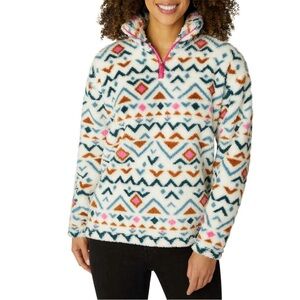 Eddie Bauer Womens Plush Quarter Zip Pullover Vanilla Aztec Print Size Small